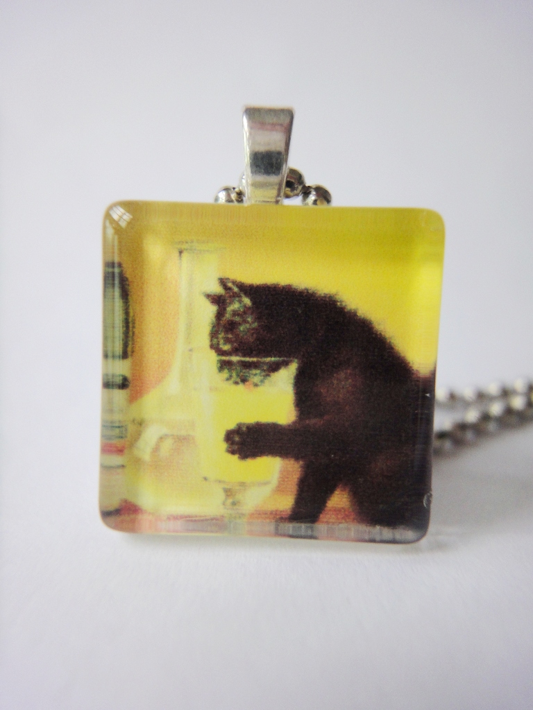 Vintage Pin Up Poster Cat Drink Wine Glass Pendant Animals