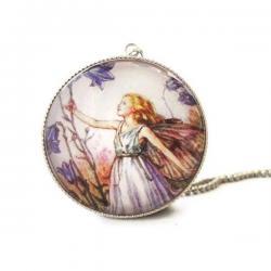 Silver Glass Round Purple Harebell Flower Fairy Necklace