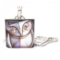 Artistic Abstract Owl Woodland Creature Square Glass Pendant Necklace or Keychain