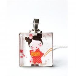 1 inch Japanese Girl Kimono Glass Tile Pendant Square Keychain or Necklace