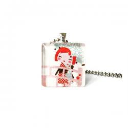 Adorable Glass Tile Pendant Japanese Girl on bridge with Umbrella Kawaii