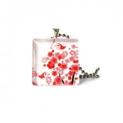 1 Inch Birds on Sakura Red Cherry Blossom Glass Tile Pendant