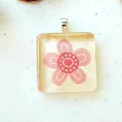 Sweet Pink Flower Square Glass Tile Pendant 7/8 inch