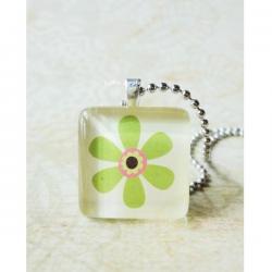 Handmade Jewelry Green Flower Glass Tile Pendant 7/8 inch Square