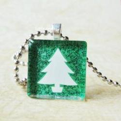 Glitter Green Christmas Tree Dainty Glass Tile Pendant