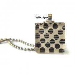 Faded Dark Brown Polka Dots Square Glass Tile Pendant