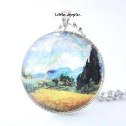 Van Gogh Wheat Field with Cypresses Painting Round Glass Pendant